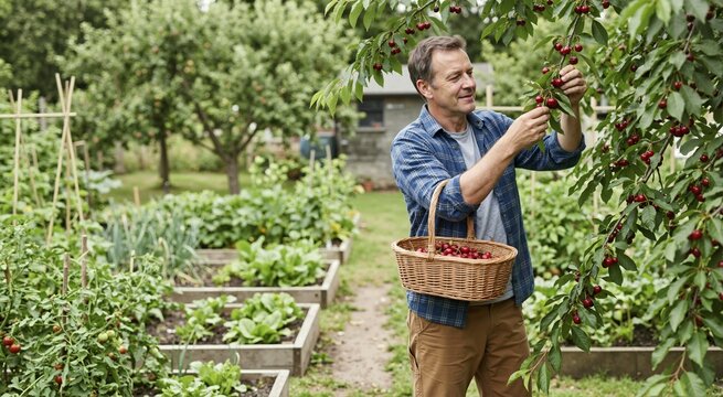 Man picking ripe red cherries from tree in garden. Male worker harvesting fruit into wicker basket. Organic farming and seasonal harvest concept