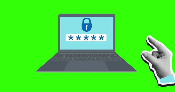 A hand adds the last asterisk to the password field on the laptop screen. Internet security. Modern photo collage style. 4K stop motion animation on a green screen