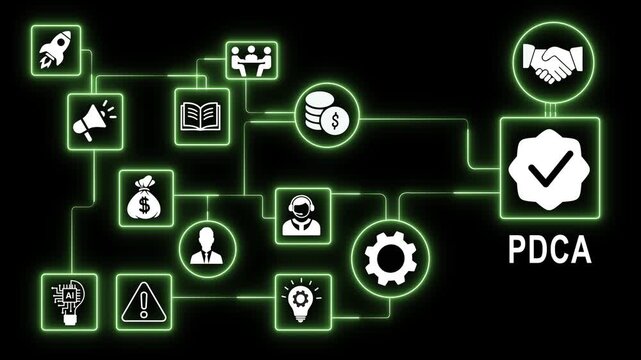 Dynamic pdca cycle glowing green infographic animation concept with interconnected business strategy management workflow, control process, and continuous improvement steps on black