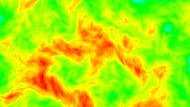 Bright green yellow thermal cloud pattern creates a vivid abstract background with fiery orange regions, organic turbulence, energetic gradients, and scientific visual texture creative backdrop