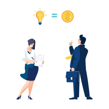Business idea equals finance, presentation. Financial expert businessman and businesswoman realize idea in gold dollar cent, finance. People signing new contract by audit girl Vector flat illustration