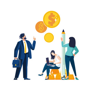 Business banner Financial expert businessman and business lady analyze financial market growth in gold dollar cent People sign new draft contract with accountant girls auditor Vector flat illustration