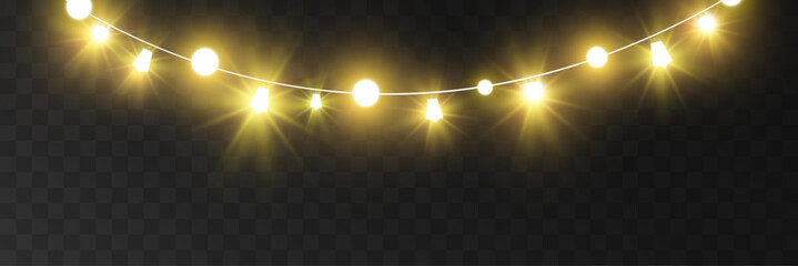 Naklejka premium Golden Festive String Lights with Glowing Bulbs and Warm Garland on Transparent Background