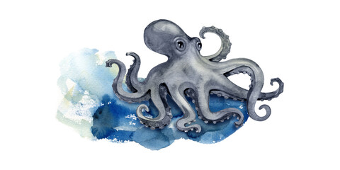 Watercolor gray octopus swimming over a blue ocean wave sea life illustration © Natali_Mias