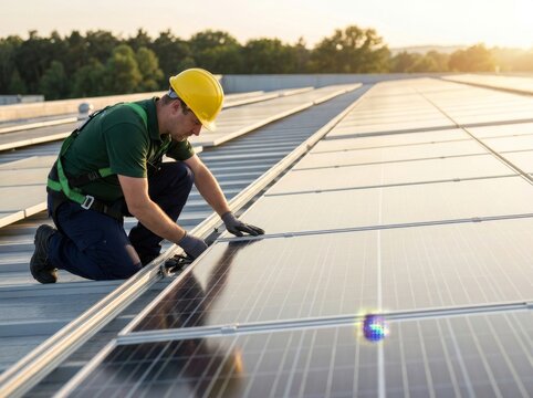 A worker in protective gear is installing solar panels on a roof during sunset, capturing clean energy.