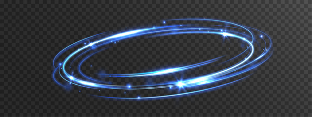 Naklejka premium Glowing Blue Energy Ring with Sparkling Light Trails and Neon Swirl on Transparent Background