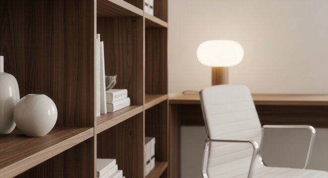 Modern Minimalist Home Office Interior With Bookshelf And Desk
