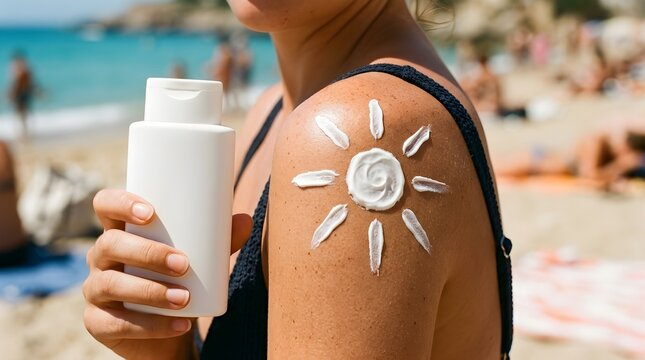 Young woman holding generic white bottle and applying sunscreen cream in a sun shape on her shoulder while at the beach for skin protection and care.