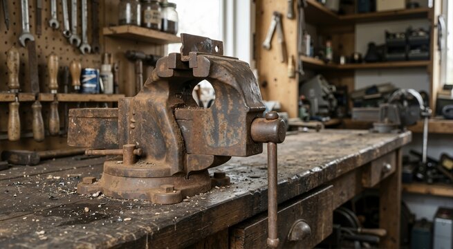 Rusted metal vise on a weathered wooden workbench. Vintage workshop interior with hand tools and pegboard. Industrial equipment background