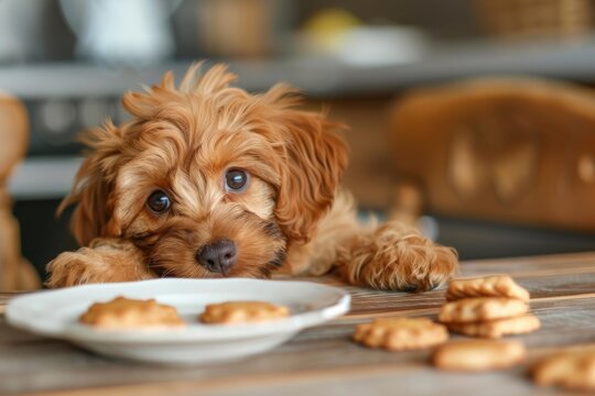 Adorable puppy resting its head on a kitchen table near a plate of cookies, looking longingly at treats