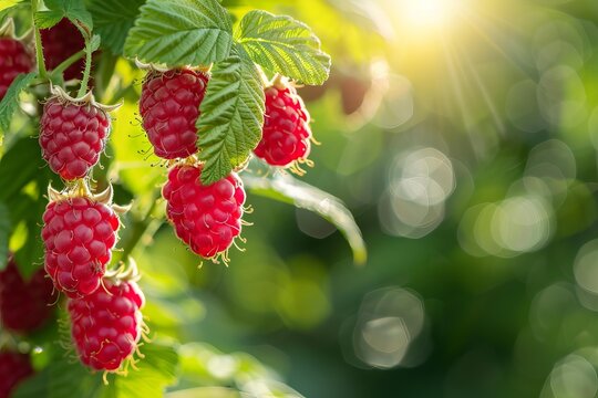 Close up of ripe red raspberries growing on a bush, illuminated by sunlight with a blurred green background