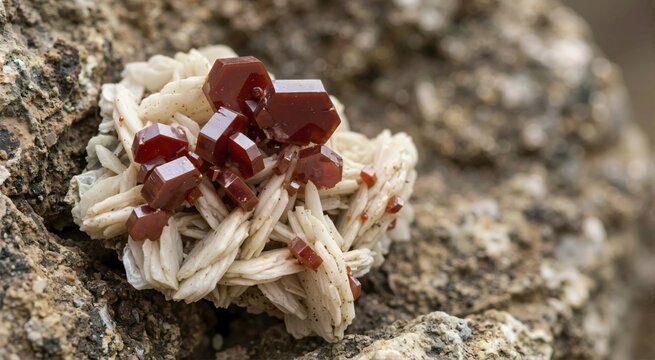 Close up of red hexagonal vanadinite crystals on white barite. Natural raw mineral specimen on rough rock matrix. Macro photography with selective focus