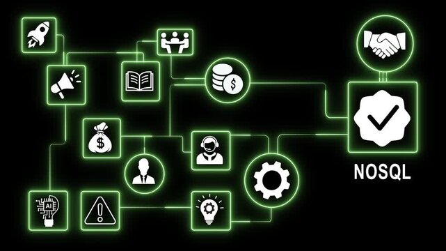 Advanced no sql database network infrastructure animated concept featuring neon green glow connecting complex big data architecture diagrams for enterprise software solutions development
