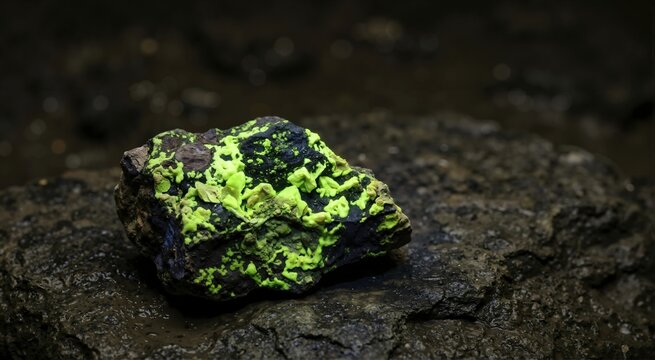 Glowing green uranium ore under ultraviolet light. Fluorescent radioactive mineral rock specimen on a dark wet surface