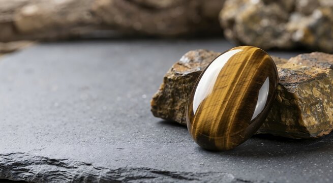 Polished oval tiger eye gemstone cabochon on a dark slate surface. Smooth semi precious stone leaning against a rough natural rock