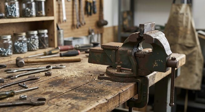 Rusty metal vise clamped to a wooden workbench. Traditional workshop table with scattered hand tools and hardware