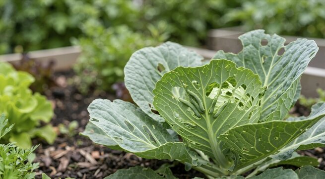 Group of green caterpillars eating holes in cabbage leaves. Pest infestation damaging vegetables in a backyard garden patch