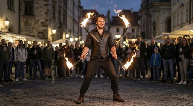 Smiling male street performer juggling fire torches in a public square. Entertainer putting on a dangerous show for a crowd at dusk