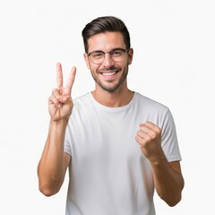 Fototapeta premium Confident young professional showing peace and success with a bright smile and victory gesture