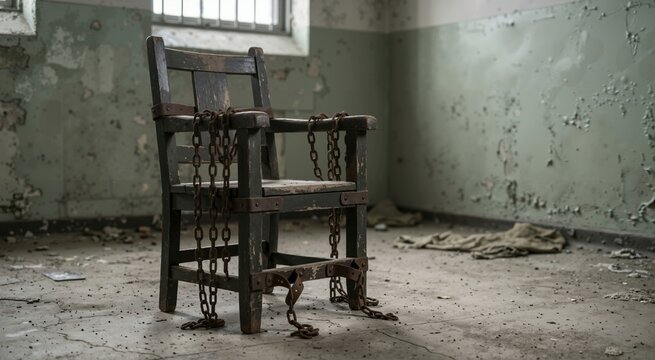 Weathered wooden restraint chair with rusted chains. Abandoned asylum room with peeling green paint and barred window