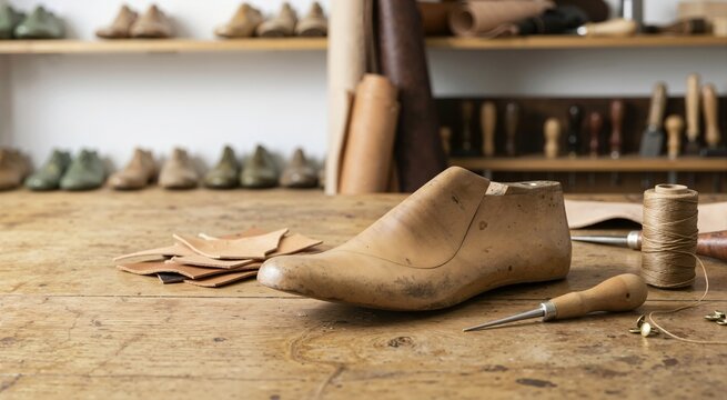 Wooden shoe last and leather pieces on a cobbler workbench. Traditional shoemaking and artisan leather crafting concept. Handmade footwear manufacturing tools