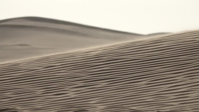 View of wind-swept sand dunes with intricate ripple patterns across the vast landscape of the Sahara Desert in Morocco.