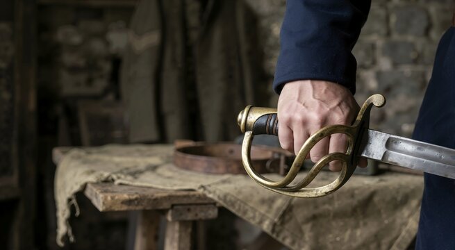 Hand gripping a historical sabre with an ornate brass hand guard. Soldier in blue uniform holding an antique cavalry sword