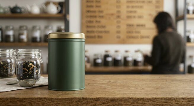 Green tin canister on a wooden counter in a tea shop. Blank packaging mockup for loose leaf tea. Blurred background with menu board and person