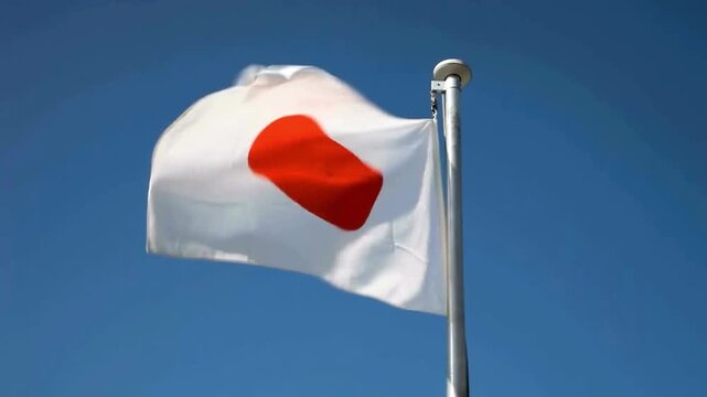 Japan flag with flagpole waving in wind, rolling clouds blue sky background loop, 4K. flag ripple animation. Japan wavy flag in wind. National flag of Japan. Sign of Japan seamless animated. culture