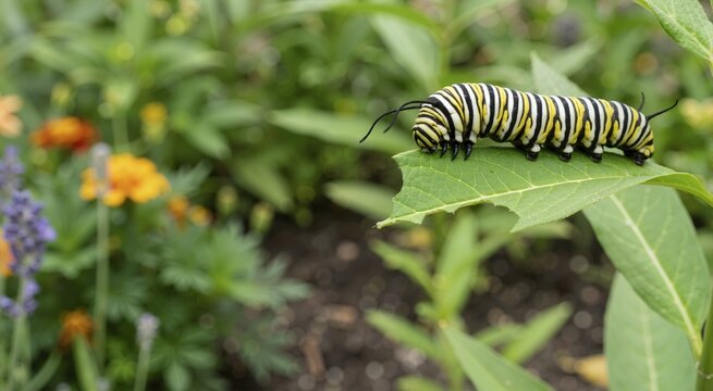Monarch caterpillar feeding on a green milkweed leaf in a garden. Striped larva of Danaus plexippus on host plant. Wildlife and pollinator habitat