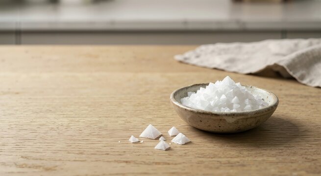 White pyramid sea salt flakes in a ceramic bowl on a wooden table. Gourmet seasoning crystals scattered on surface. Copy space for text