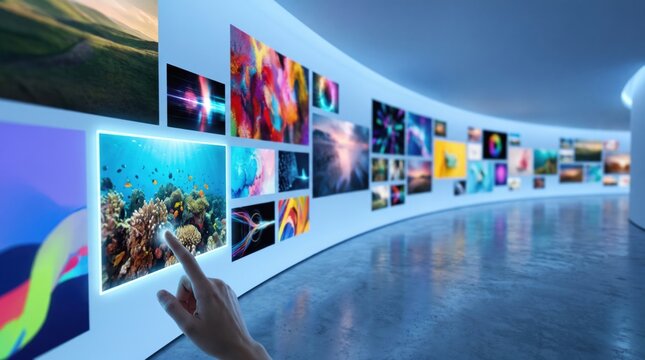 Hand interacting with a digital wall display showing a gallery of colorful images in a modern virtual environment