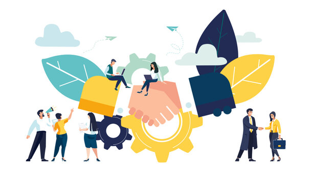Business concept Vector illustration, partnership concept, parties agreement, handshake, document signing. Successful contract, contract, small business people. Green, building business, Teamwork
