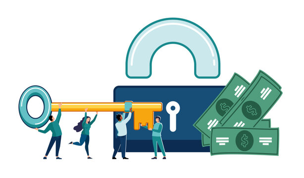 Business presentation, team holding golden key and unlocking blue lock. People working together, teamwork. Financial protection of dollar cash. Background, business banner design. Vector infographics
