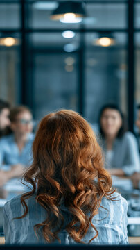 Unrecognizable redhead female employee viewed from behind being ignored by colleagues during a meeting. Concept of workplace exclusion, discrimination, and toxic team dynamics