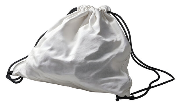 A white cotton drawstring backpack lying flat