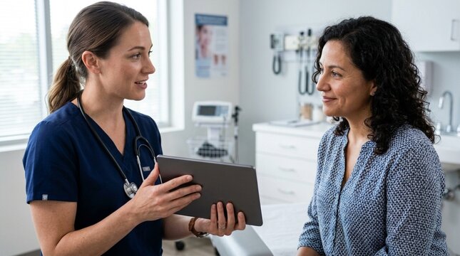 Doctor discusses medical results with patient using tablet in examination room