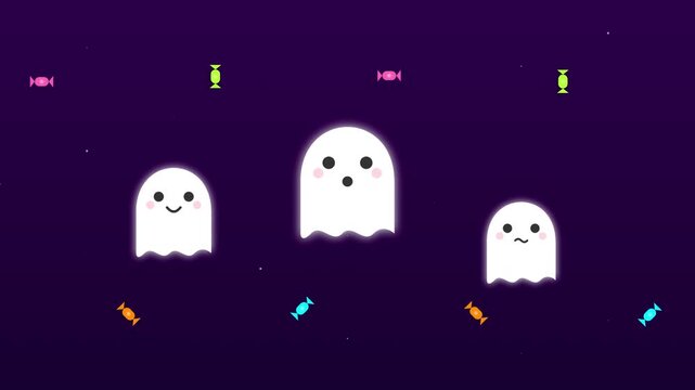 Cute ghost characters and colorful candy over dark background