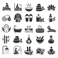 Fototapeta premium Spa and wellness icon set: massage, sauna, aromatherapy, yoga, relaxation.