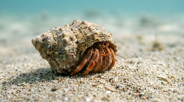 Curious Hermit Crab Peeking from Shell on Sandy Seabed with Turquoise Water Background