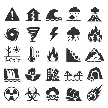 Disaster icons: earthquake, tsunami, volcano, tornado, flood warning symbols.