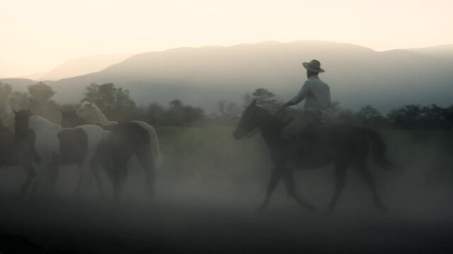 View of a gaucho riding alongside a herd of horses in a dusty field during golden hour in Rosario de Lerma, Salta Province, Argentina.