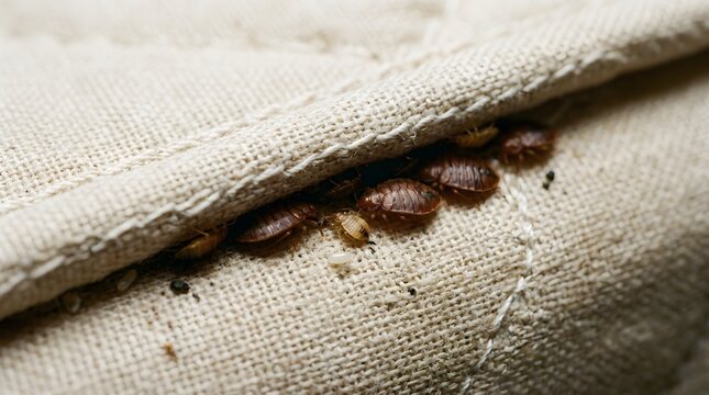 Close up of bed bugs and their eggs hiding in mattress fabric seams