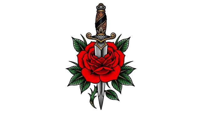 Traditional tattoo art design featuring a red rose pierced by a decorative dagger
