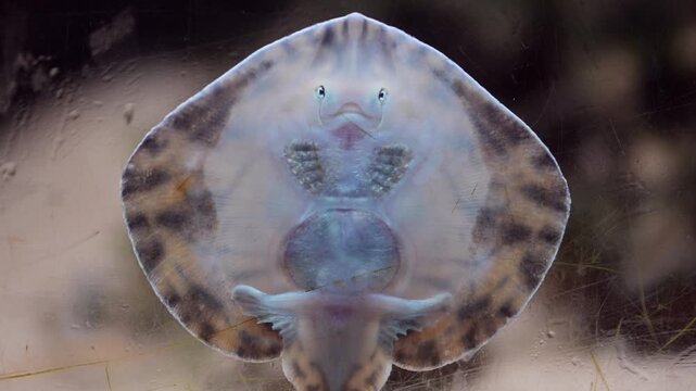 View of a stingray swimming against aquarium glass in Portugal.