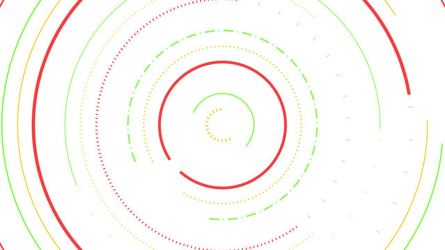 Abstract geometric pattern with colorful concentric circles composed of digital data bits on dark theme