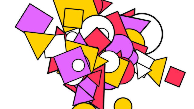 Abstract geometric pattern with colorful circles triangles and squares floating on a dark night theme