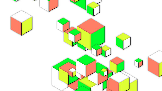 Abstract geometric pattern with floating neon green and coral cubes against a dark black solid space