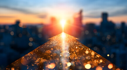 Naklejka premium An arrow of light floats above a hazy cityscape, symbolizing business transformation and strategic shifts.