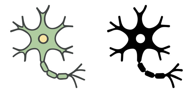 Neuron cell icon set with nerve cell and axon illustration in line and silhouette style on transparent background